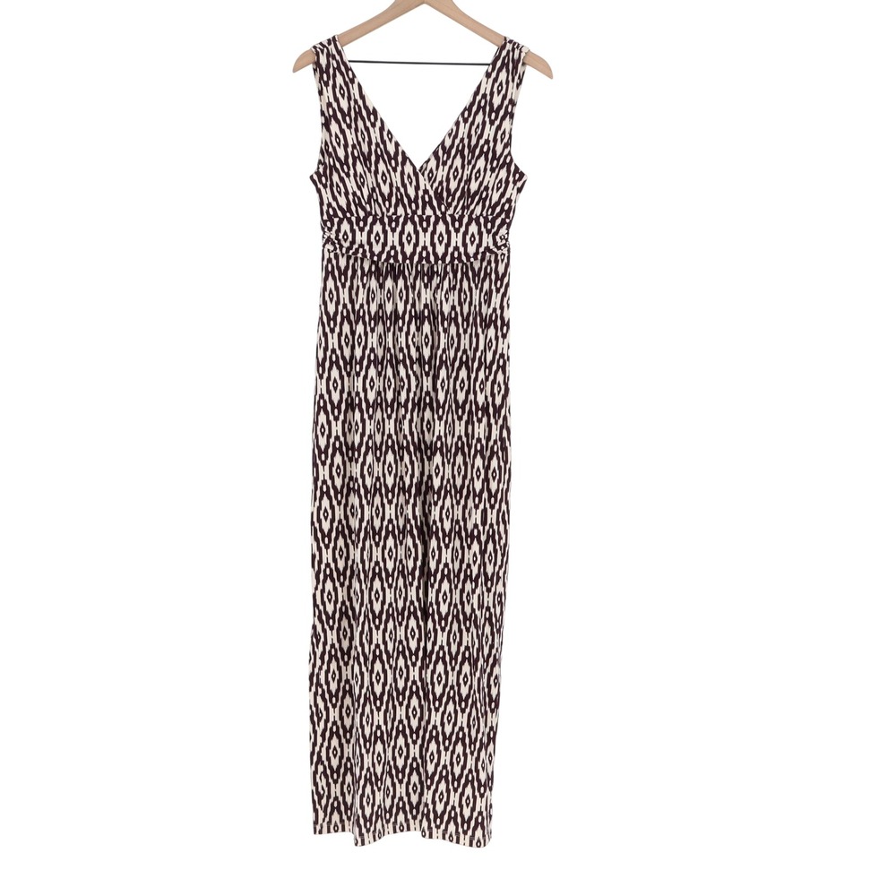 LOFT Maxi Dress Women's S Geometric Ikat Plum Cream Empire Waist Sleeveless